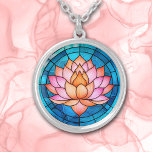 Collier Lotus rose Fleur Mosaïque Vitrail<br><div class="desc">Sur ce collier est l'image d'une fleur de lotus rose et or avec un arrière - plan de style mosaïque bleue. Lumineux et coloré ! Assurez-vous de voir les boucles d'oreilles et le porte - clé correspondants dans notre magasin.</div>