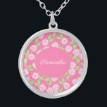Collier Monogramme Nom Pink Green Floral Script Calligraph<br><div class="desc">Monographie ce joli collier de poche fleuri rose et vert avec votre nom ou vos initiales. Ces colliers font de grands cadeaux d'honneur,  des cadeaux de la fête des mères et des cadeaux pour toute femme de votre vie.</div>