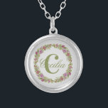 Collier Monogramme Purple Rose Vert Floral Cadeau<br><div class="desc">Personnalisez ce collier Argent Rond avec votre nom de famille ou prénom et votre initiale. Vous pouvez modifier la police ou la couleur du texte.</div>
