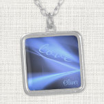 Collier Nom Love Romantic Blue Light Trails Sterling<br><div class="desc">Diverses nuances de chemins bleus clairs avec "amour" en script, décorent ce 0, 75" (nom est d'environ 0, 25" de large) Sterling Silver le charme carré plaqué pour lui ou elle. Modifiez le texte, nommez-le en utilisant le Modèle simple fourni. La chaîne de 18" est équipée d'un fermoir à griffes...</div>