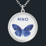 Collier Papillon d'aquarelle bleu monogramme<br><div class="desc">Jolie peinture papillon bleu aquarelle avec typographie moderne initiales monogramme qui peut être changée pour personnaliser. Art original de Nic Squirrell.</div>