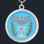 Collier Persian Magen David Menorah<br><div class="desc">Cette image a été adaptée à partir d'un carrelage juif perse antique et présente une menorah avec un Magen David (Étoile de David) encadré de branches d'olivier. Les imperfections de l'image originale peinte à la main ont été conservées.</div>