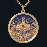 Collier Plaqué Or Bateau antique, Dauphins, Or, Bleu marine Nautique<br><div class="desc">Design nautique élégant et classe de style vintage avec une pierre de jante 3d brillante facilement personnalisable avec vos propres initiales et texte,  graphiques 3D et élaboration graphique numérique par Bulgan Lumini.</div>