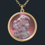 COLLIER PLAQUÉ OR CAMEO ANTIQUE, DAME AUX RAISONS ET AUX GRAPEVINES<br><div class="desc">Bijou de cammeo antique avec un beau profil de femme avec de longs cheveux ornés de raisins et de vignes pour la récolte de vignobles</div>
