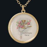 Collier Plaqué Or Chalice hôte Communion Fleurs roses<br><div class="desc">C'est une belle image catholique traditionnelle de l'Hôte Sacré (Communion) au-dessus du chalice avec des fleurs roses. Le texte et les polices peuvent être modifiés</div>