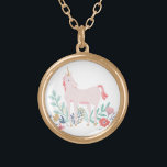 Collier Plaqué Or Champs Unicorne<br><div class="desc">Illustration de licorne blanc rose,  bleu et or dessinée par Shelby Allison.</div>