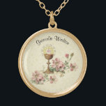 Collier Plaqué Or Communion Hôte Fleurs Roses Dentelle de Chalice<br><div class="desc">C'est une belle image catholique traditionnelle de l'hôte sacré (communion) au-dessus du chalice avec des fleurs roses et un arrière - plan de dentelle. Le texte et les polices peuvent être modifiés</div>