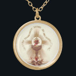 Collier Plaqué Or Communion Hôte Sacré Coeur Croix Chalice<br><div class="desc">C'est une belle image catholique traditionnelle de l'Hôte Sacré (Communion) au-dessus du chalice avec le Sacré Coeur de Jésus et la croix au-dessus. Le texte traduit du français "Nous (I) donnons tout quand nous (I) donnons".</div>