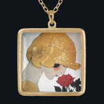 COLLIER PLAQUÉ OR DAME AVEC ROSE ROUGE<br><div class="desc">Illustration de haute couture Art Déco française,  dynamique et classe. Portrait d'une belle jeune femme portant un casquette doré avec fleur,  noir blanc,  jaune,  couleurs grises .Cool,  design moderne et artistique.</div>