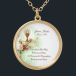 Collier Plaqué Or Floral catholique traditionnel de première sainte<br><div class="desc">C'est une belle image vintage catholique traditionnelle du centre serveur sacré (communion) au-dessus du calice avec des fleurs de ressort. Le texte et les polices peuvent être modifiés. Nous offrons également les invitations assorties de communion, cartes, faveurs, autocollants, etc., avec cette conception. Visitez la douche du magasin de roses sur...</div>