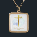 Collier Plaqué Or *~ Gold Cross AP35 Communion Christian Blue<br><div class="desc">(( ID de recherche AP35 et AP40 pour des designs similaires )) SIMPLE MINIMAL Design. Aquarelle BLEUE et feuilles BOTANIQUES OR sur croix / crucifix/ FORME CARRÉ L'arrière - plan est BLANC avec une tache d'aquarelle claire de BLEU. La police de texte est un script de calligraphie élégant et sophistiqué....</div>
