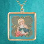 Collier Plaqué Or Sainte-Anne et la BVM dans un Quatrefoil barbelé (<br><div class="desc">Sainte-Anne, femme de saint Joachim, mère de Marie, la Sainte Vierge, grand-mère de Jésus. Sainte-Anne qui enseigne à Marie à lire les Écritures à partir d'un livre ou d'un parchemin est peut-être *le motif le plus familier aux spectateurs contemporains qui présente cette sainte. Les statues de Sainte-Anne et de Jeune...</div>