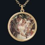Collier Plaqué Or Vintage Mariage Mariée Groom Les jeunes mariés cou<br><div class="desc">Illustration vintage design d'amour et de romance avec une mariée coupant le gâteau à leur réception de mariage. Le couple heureux marié aime se marier et célébrer avec sa famille et ses amis. Heureux pour toujours !</div>
