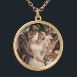 Collier Plaqué Or Vintage Mariage Mariée Groom Les jeunes mariés cou<br><div class="desc">Illustration vintage design d'amour et de romance avec une mariée coupant le gâteau à leur réception de mariage. Le couple heureux marié aime se marier et célébrer avec sa famille et ses amis. Heureux pour toujours !</div>