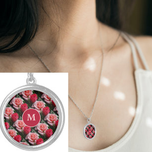 Collier Rose et rouge Roses Motif Monogramme floral