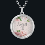 Collier Roses rose pâle Floral Silver Parties scintillant<br><div class="desc">Elégant vintage botanique rose vif roses et feuilles verts sur rose Sweet 16 collier plaqué argent avec parties scintillant brillante argent. Contactez-moi pour obtenir de l'aide sur vos personnalisations ou pour demander des produits Zazzle correspondants ou coordonnés supplémentaires pour votre groupe.</div>