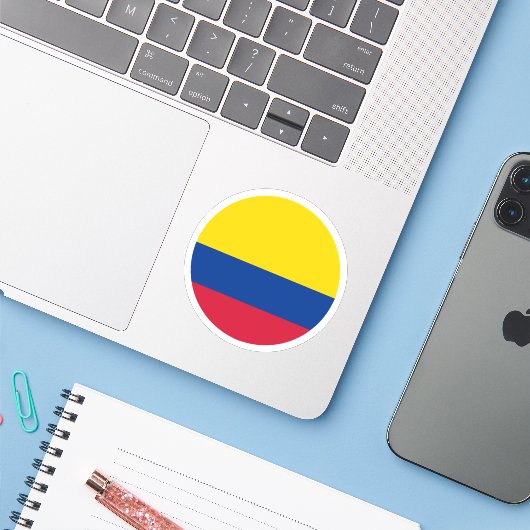 Colombia Vlag Ronde Sticker (Laptop met iPhone)