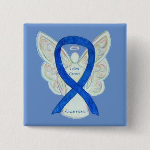 Colon Cancer Angel Blue Awareness Ribbon Art Pin Vierkante Button 5,1 Cm