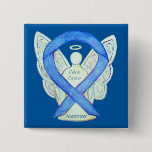 Colon Cancer Angel Blue Awareness Ribbon Art Pin Vierkante Button 5,1 Cm