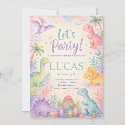 Color Dinosaur Birthday Invitation Editable (Devant)