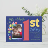 Coloré 1er anniversaire Photo Party Invitation (Debout devant)