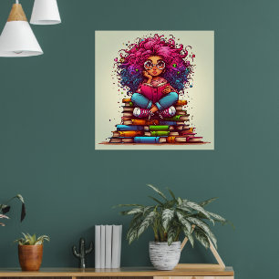 Coloré Arc-en-ciel Lecture Livres Girl Wall Poster