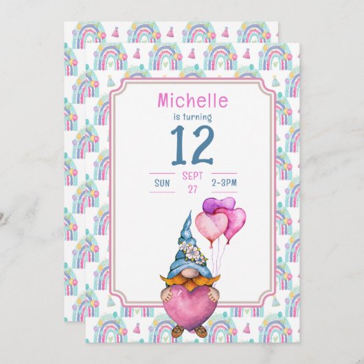 Coloré Gnome Retro Anniversaire Invitation (Devant / Derrière)