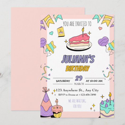 Coloré Illustratif Anniversaire Fête Invitation (Devant / Derrière)