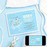 Coloré moderne Baby Sprinkle Invitation<br><div class="desc">Customisez cette belle invitation chic Baby Sprinkle. Joli design propre avec un parapluie d'art blanc sous des arrosages colorés sur un arrière - plan bleu. Personnalisation rapide et facile, changez toutes les informations du modèle avec les vôtres. Les pops de gâteaux correspondants peuvent être trouvés sur un lien ci-dessous. Également...</div>