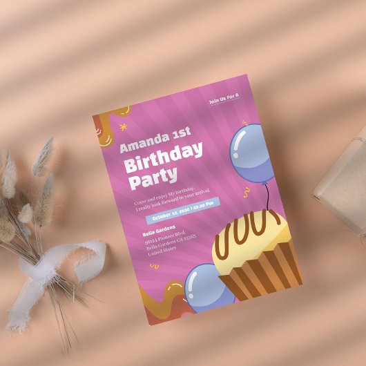 Coloré rose 1er anniversaire Invitation