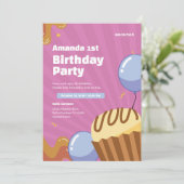 Coloré rose 1er anniversaire Invitation (Debout devant)