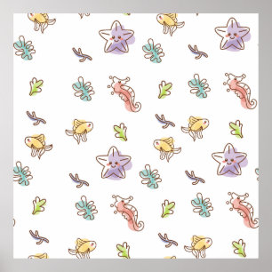 Colored sealife pattern with seastars and fishes v poster