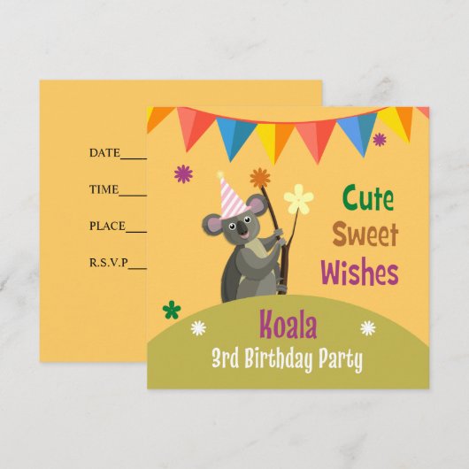 Colorée Koala Anniversaire Fête Invitation (Devant / Derrière)