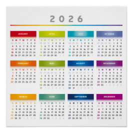 Colorful 2026 Calendar - Rainbow Colors 3 Columns Perfect Poster