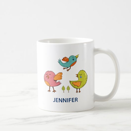 Colorful and Cute Whimsical Birds Trio Koffiemok (Rechts)
