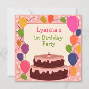 Colorful Balloons Cake Birthday Invitation Kaart