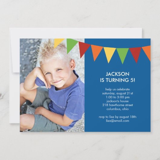 Colorful Banners Photo Birthday Invitation - Blue Kaart (Voorkant)