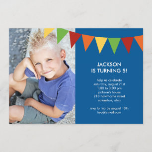 Colorful Banners Photo Birthday Invitation - Blue Kaart