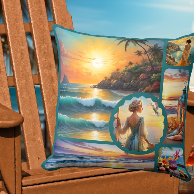 Colorful Beach Photo Collage Boho Chic  Kussen (Colorful artistic beach house pillow featuring boho fun paintings or your custom photos)