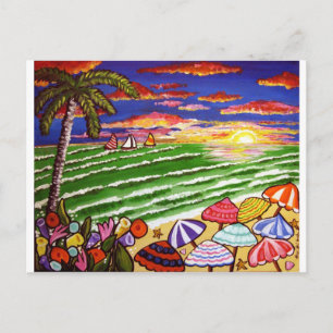 Colorful Beach Sunset Folk Art Briefkaart