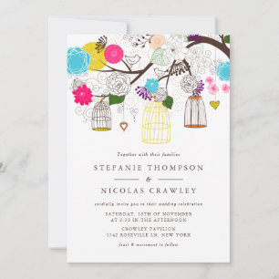 Colorful Birdcages and Flowers Wedding Invitations Kaart