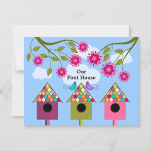 Colorful Birdhouses and Birds Housewarming Party Kaart