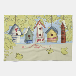 Colorful Birdhouses Kitchen Towel, Horizontal Theedoek