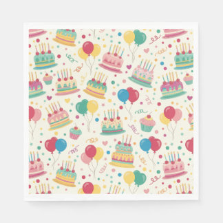 Colorful Birthday Cakes and Balloons Paper Napkins Servet
