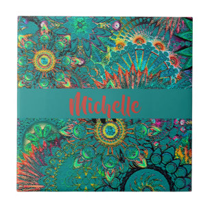 Colorful Blue Boheminan Boho Hippie Pattern Retro Tegeltje