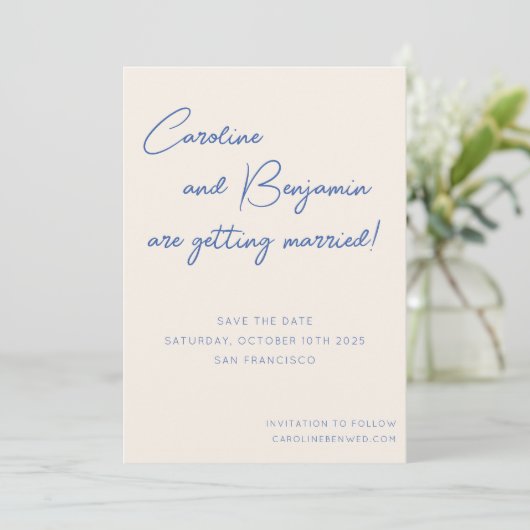 Colorful Blue Ecru Script Handwriting Weddenschap Save The Date (Staand voorkant)