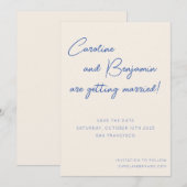 Colorful Blue Ecru Script Handwriting Weddenschap Save The Date (Voorkant / Achterkant)
