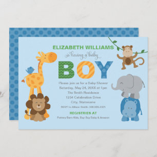 Colorful Blue Oerwoud Animals Baby Boy Shower Kaart