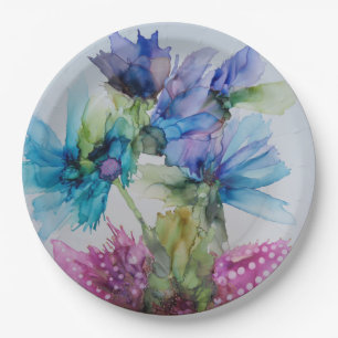 Colorful Blue Paars Pink Green Floral Art Papieren Bordje