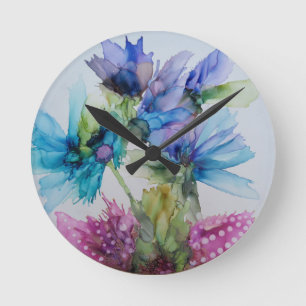Colorful Blue Paars Pink Green Floral Art Ronde Klok